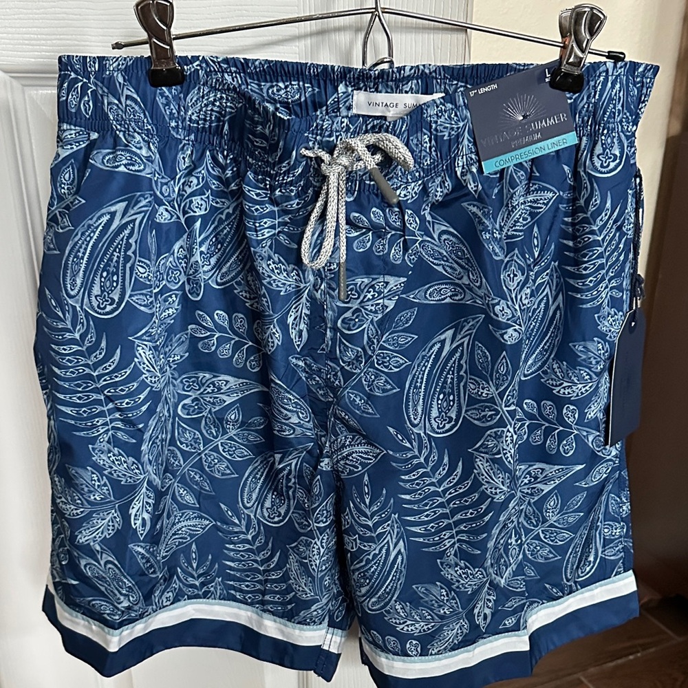 Men’s Vintage Summer- Navy & light blue Paisley Swim Trunks w/compression liner.